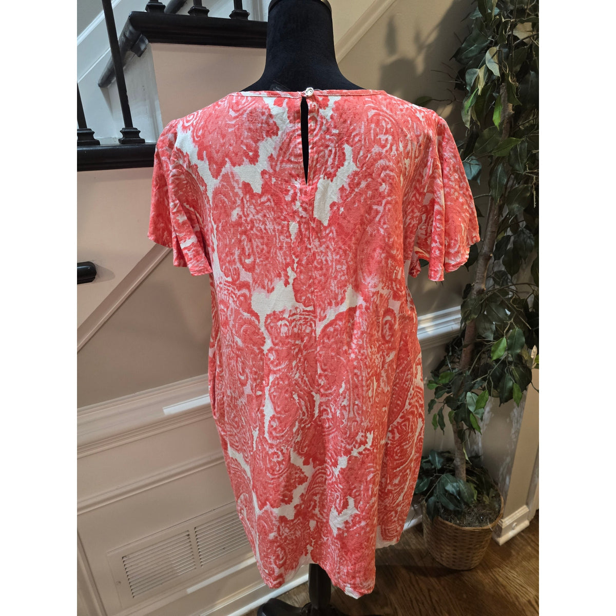 Grace Elements Shift Dress Women's SZ XL Coral Pink Paisley Back keyhole Pockets
