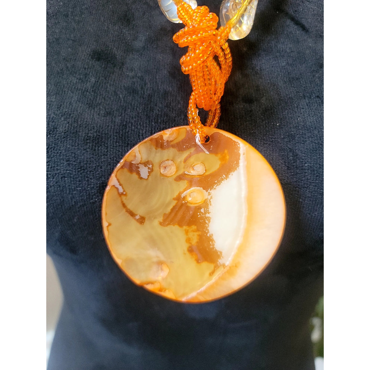 Orange Seed Bead Multi Strand Necklace Large Resin Disc Pendant Boho Statement