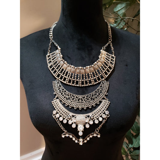 Women Fashion 4 Strand Crystals Metal Beaded Filigree Statement Necklace Jewelry