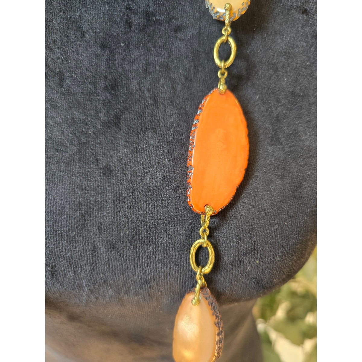 Orange Peach Oval Beaded Long Necklace Gold Tone Boho Station Jewelry