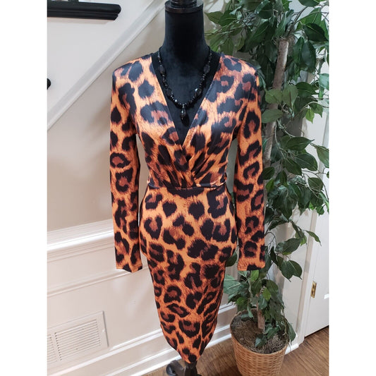 Chicme Brown Leopard Animal Print V-Neck Long Sleeve Knee Length Bodycon Dress M