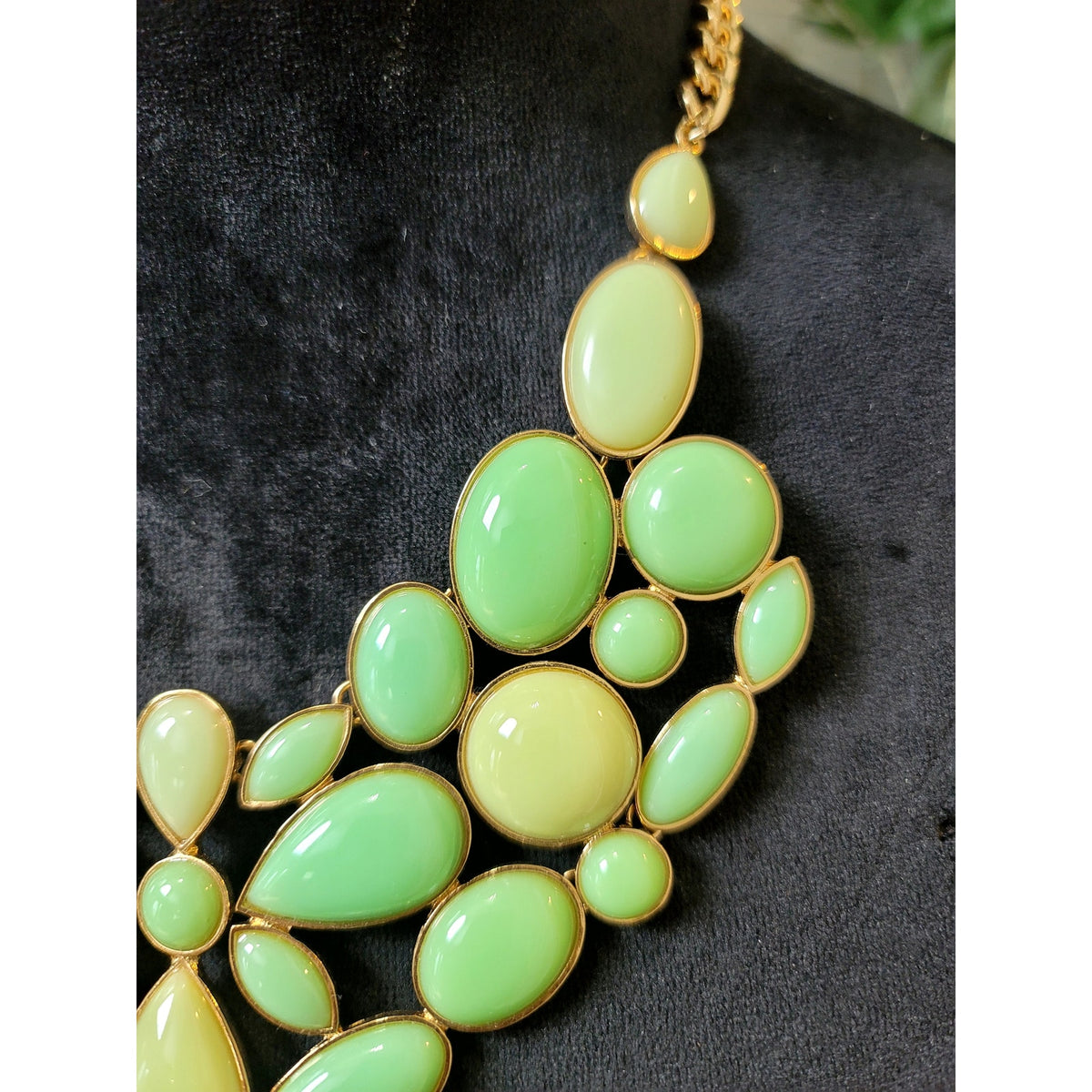 Mint Green Gold Tone Cabochon Bib Statement Necklace Chunky