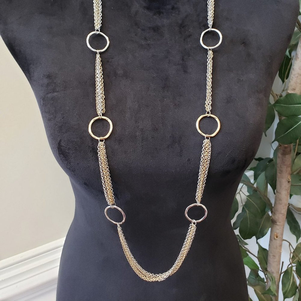 Womens Gold Silver Ring Station Multi-Chain Long Necklace with Lobster Clasp