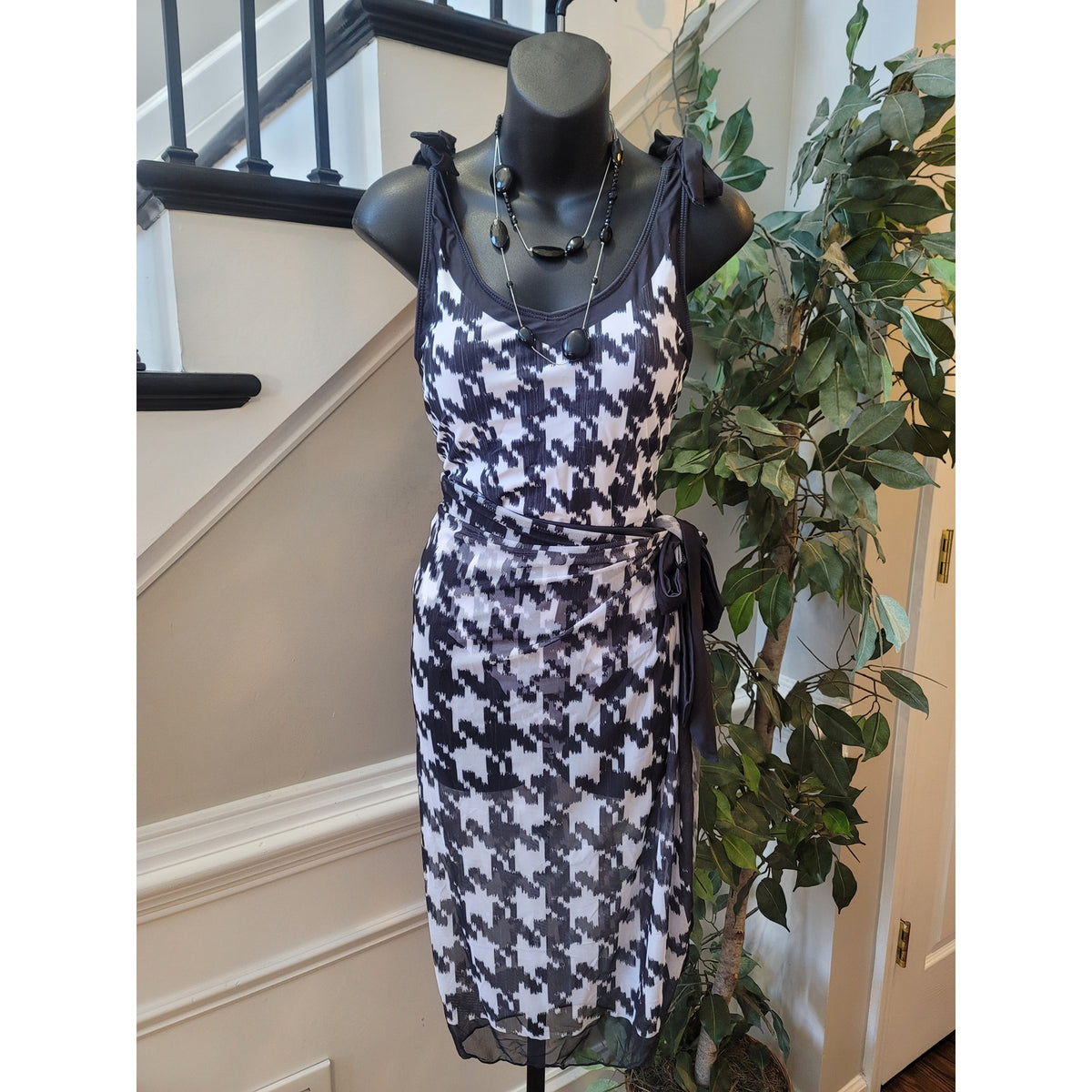 Swim Suit Set Women's Large Black/White Houndstooth Padded Bra Sarong Wrap