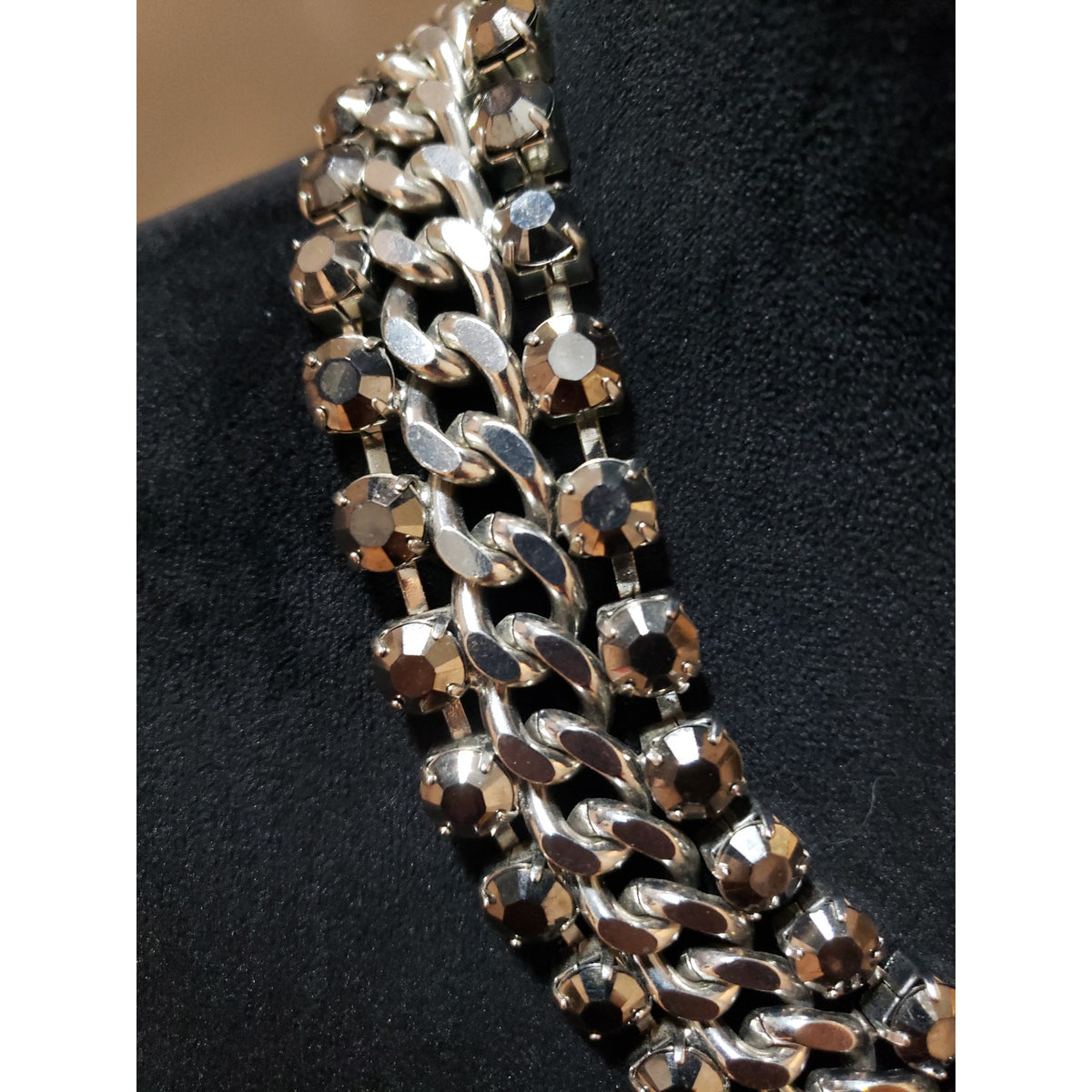 Womens Copper Tone Double Link Rhinestones Trim on Curb Chain Collar Necklace