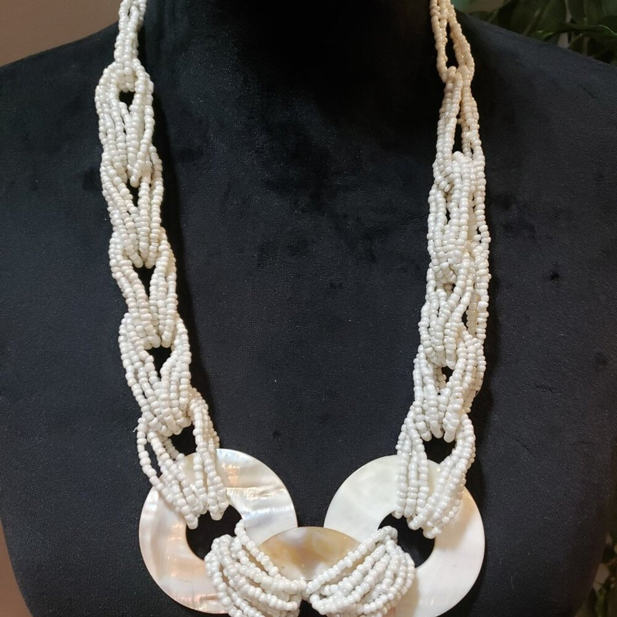 Womens White Braided Seed Bead 3 Strand Disc Necklace Jewelry with Lobster Clasp