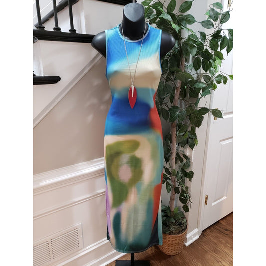 Womens Multi Tie Dye Cotton Side Slit Crew Neck Sleeveless Long Maxi Dress Small