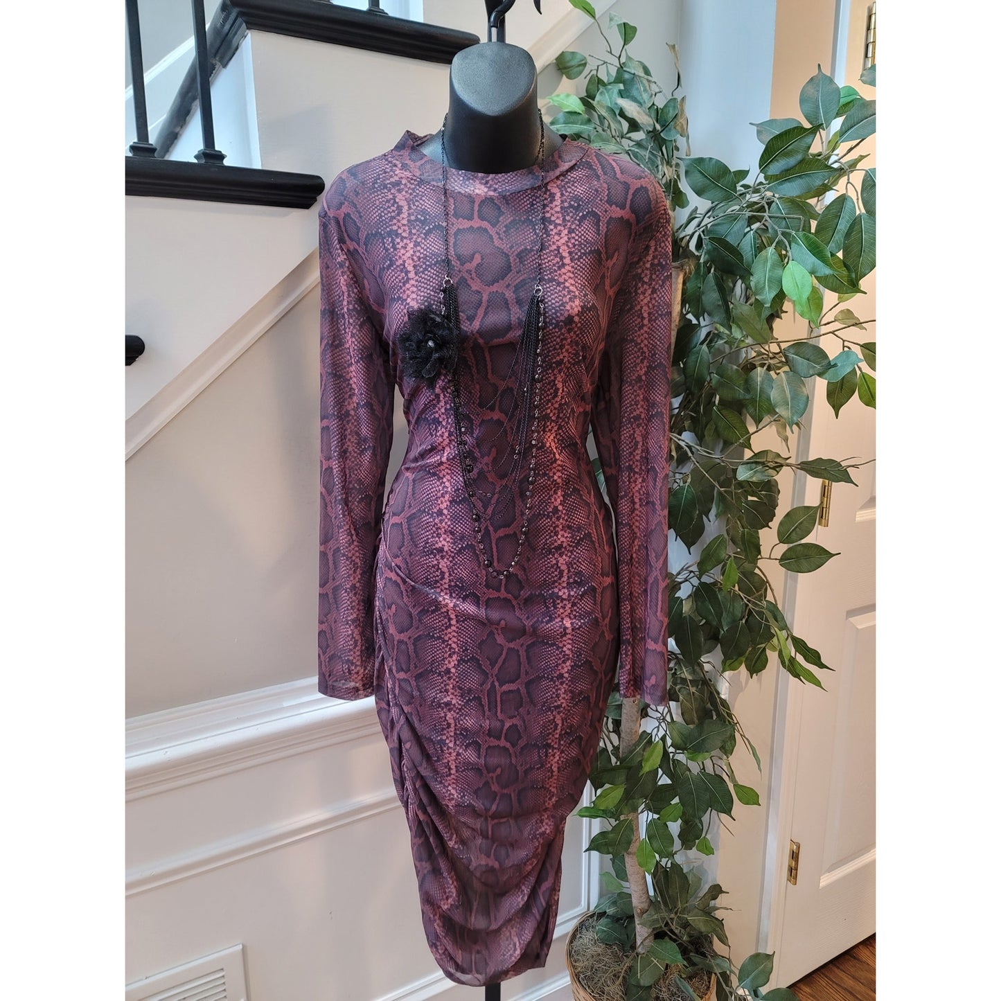 Bodycon Dress Women XL Purple Snake Print Mock Neck Long Sleeve Ruched