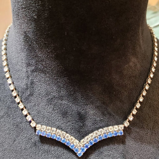 Women's Silver Tone Blue & Clear Rhinestones Trim Blinds Chain V Style Necklace