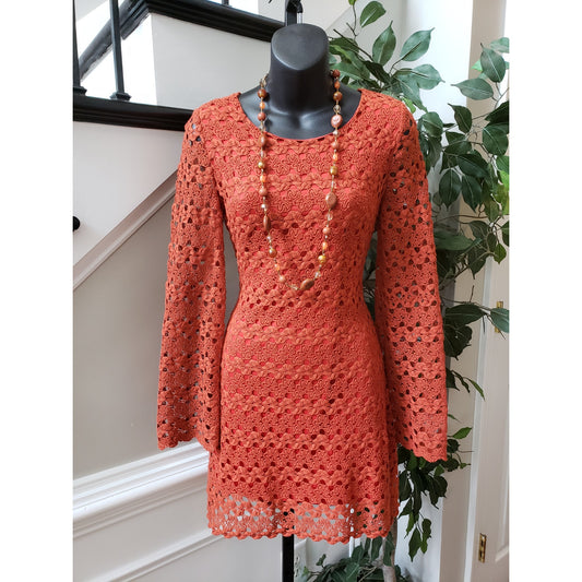 Basically Me Crochet Dress Womens Small Pink Lined Cotton Long Sleeve Round Neck