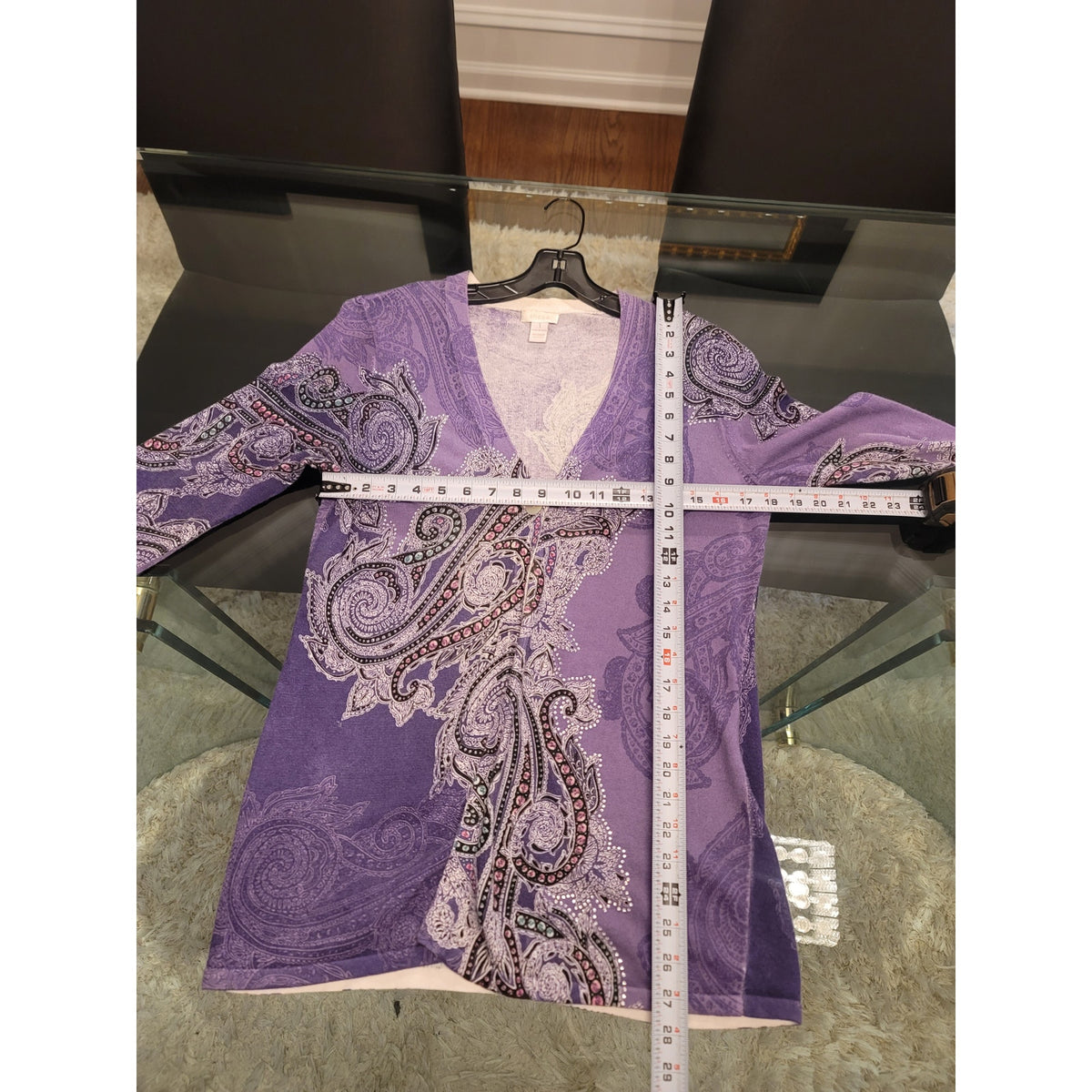Chico's Cardigan Sweater Women's Size 1/M Purple Paisley V-Neck Long Sleeves