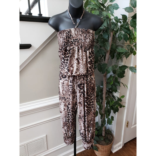 Women's Jumpsuit Brown Leopard Print Halter Neck Smocked Stretch Sleeveless