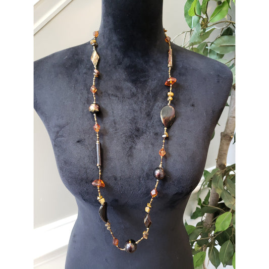 Women's Brown Gold Beaded Necklace Boho Vintage Long Statement Handmade Jewelry