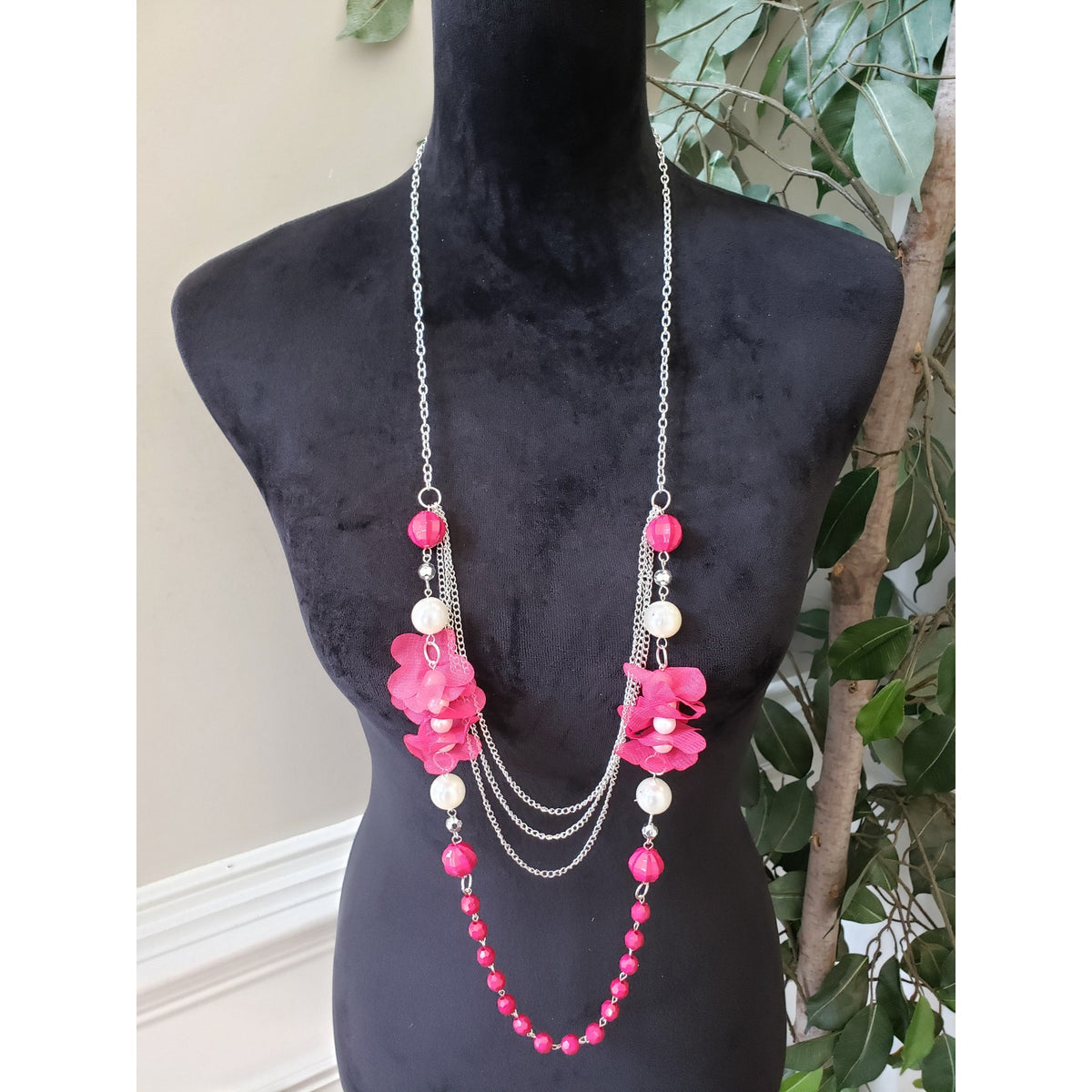 Women Silver Tone 2 Strand Pink Beaded Faux Pearl Flower Accent Necklace Jewelry