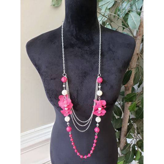 Women Silver Tone 2 Strand Pink Beaded Faux Pearl Flower Accent Necklace Jewelry