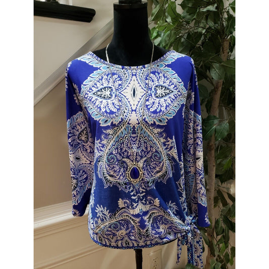 New Directions Women's Blue Floral Knot Hem Round Neck Long Sleeve Top Blouse XL