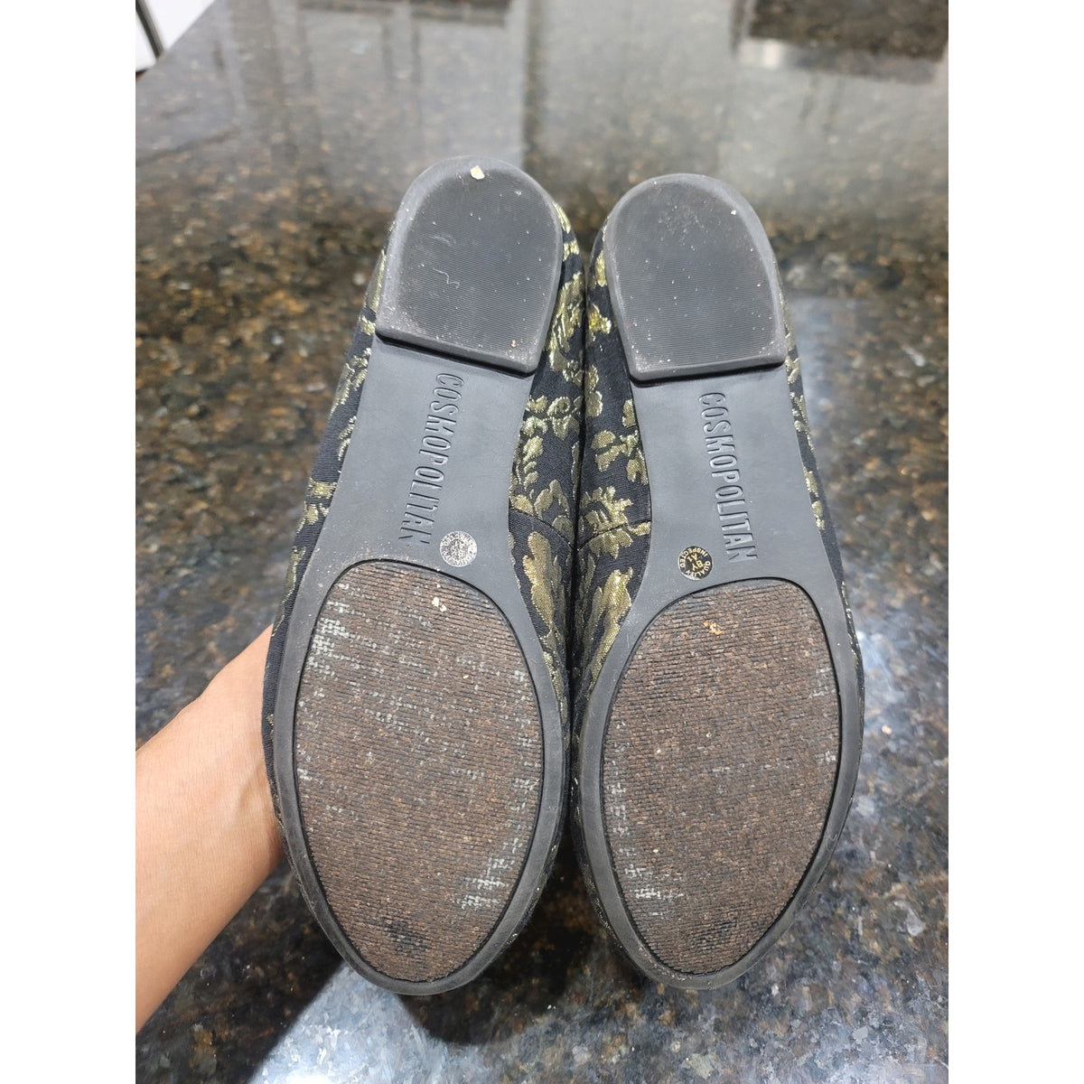 Cosmopolitan Ballet Shoes Women's Size 8.5M Black Gold Paisley Round Toe Slip On
