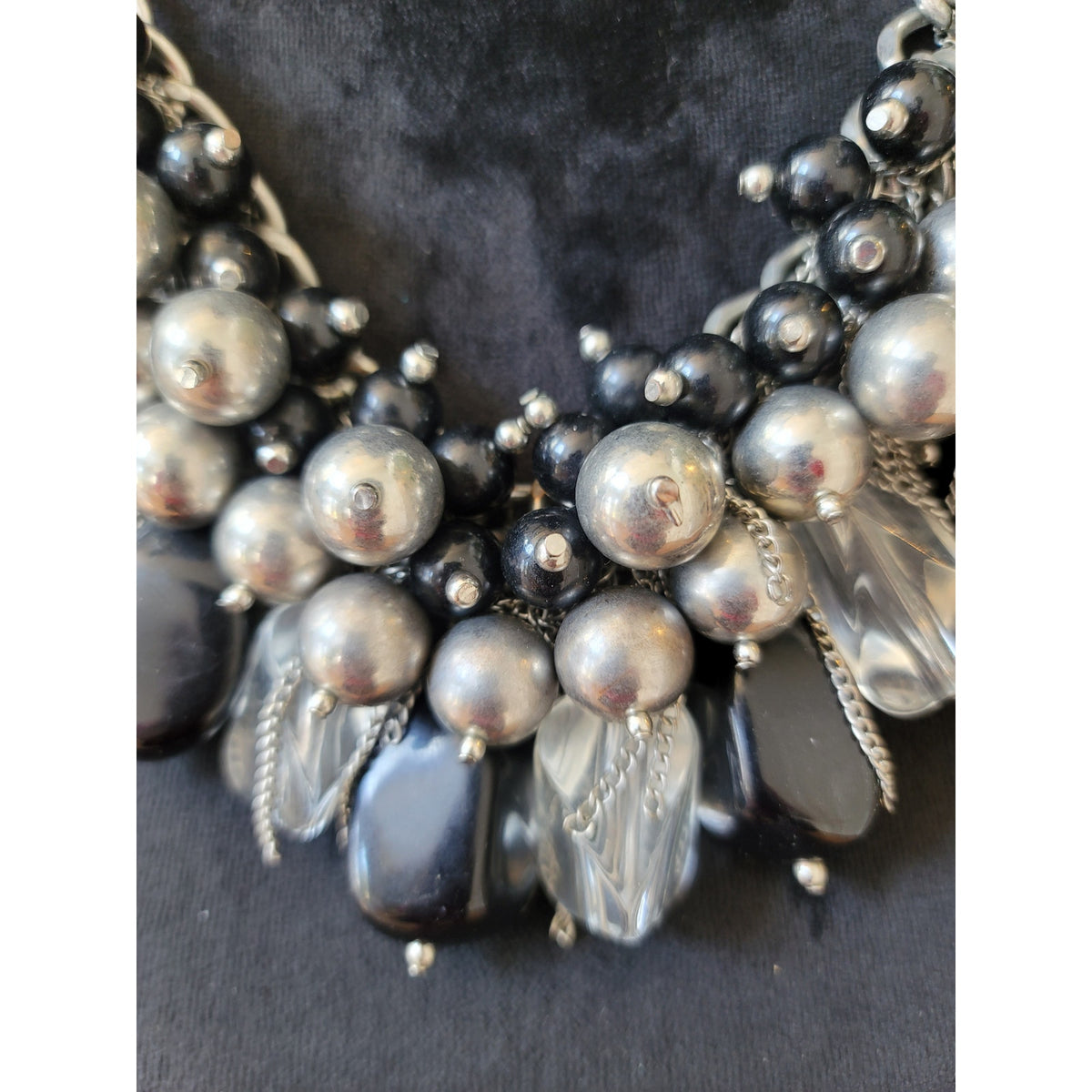 Women's Chunky Silver Black Beaded Statement Necklace with Lobster Clasp Chain