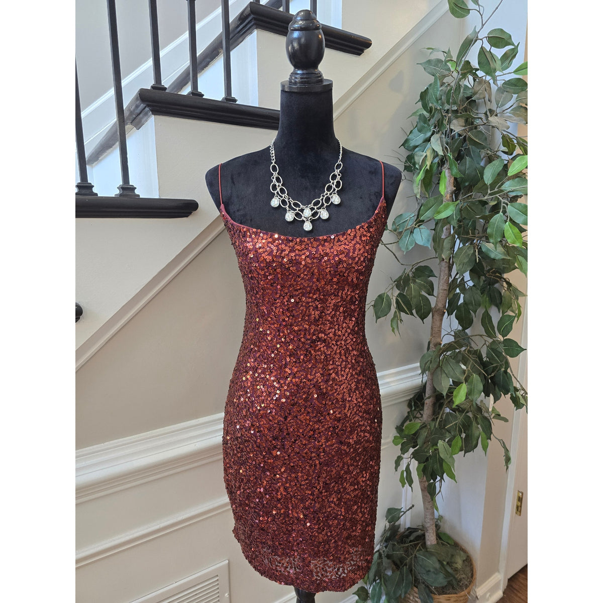 B. Darlin Mini Dress Women's Chest Small Red Sequin Open Back Spaghetti Straps