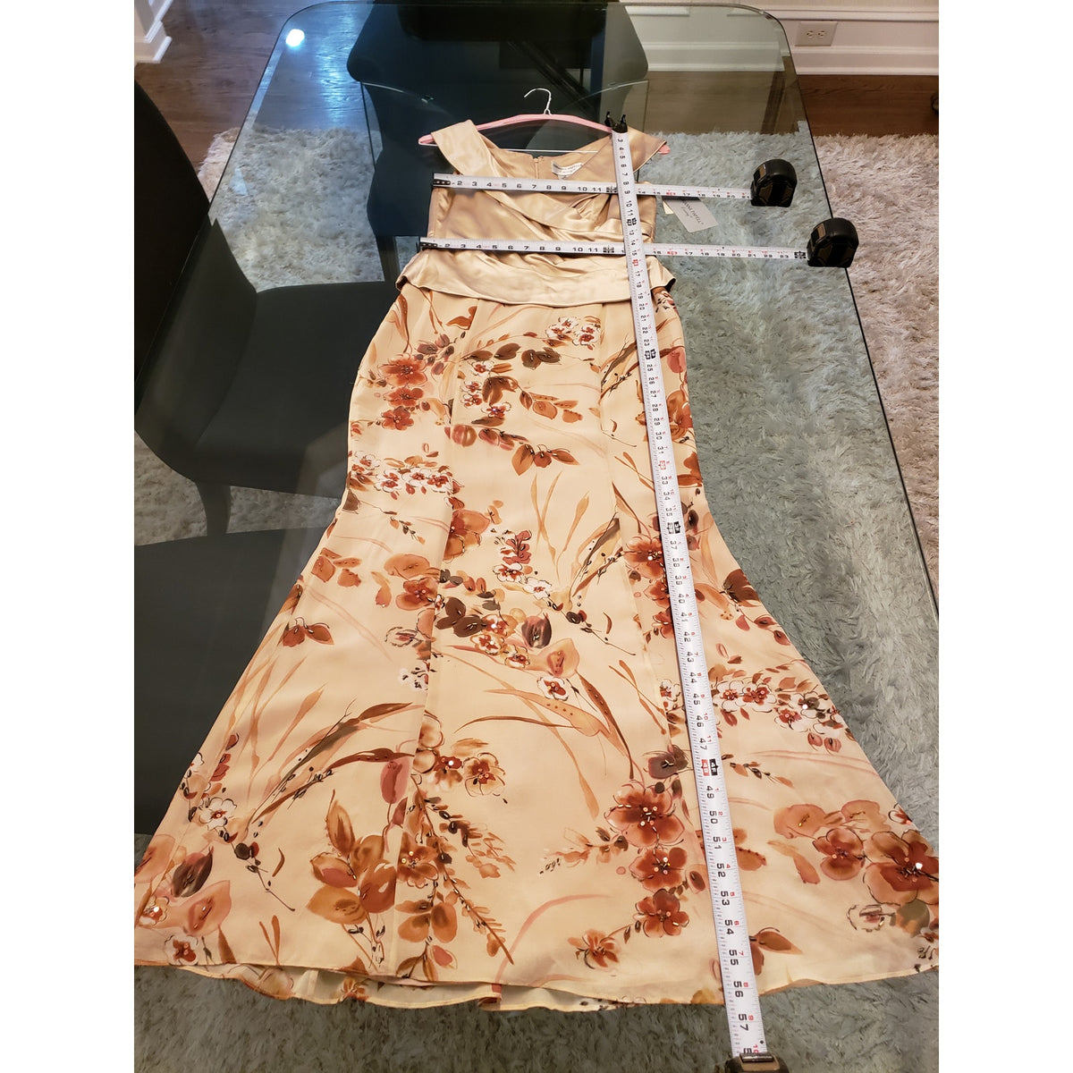 Adrianna Papell Evening Maxi Dress Women's 6 Beige Silk Beaded Floral Back Zip