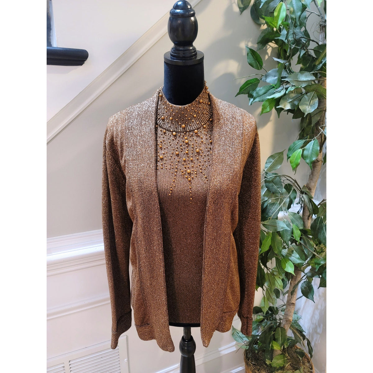 Investment 2 Pc Cardigan Sweater Women Medium Brown Ribbed Back Zipper Mock Neck
