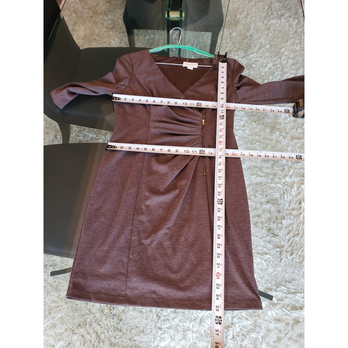 Jessica Simpson Wrap Dress Women's 12 Brown Ruched Back Zip Long Sleeve V Neck