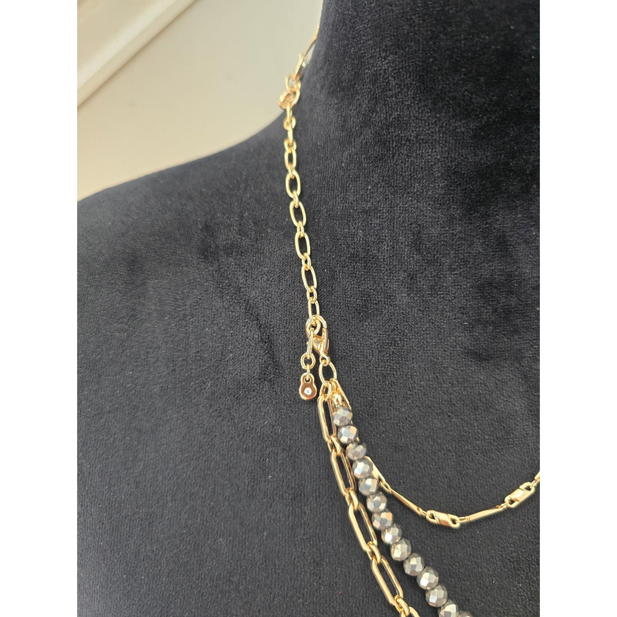 Gold Tone Faux Pearl Multi Strand Layered Pendant Statement Necklace
