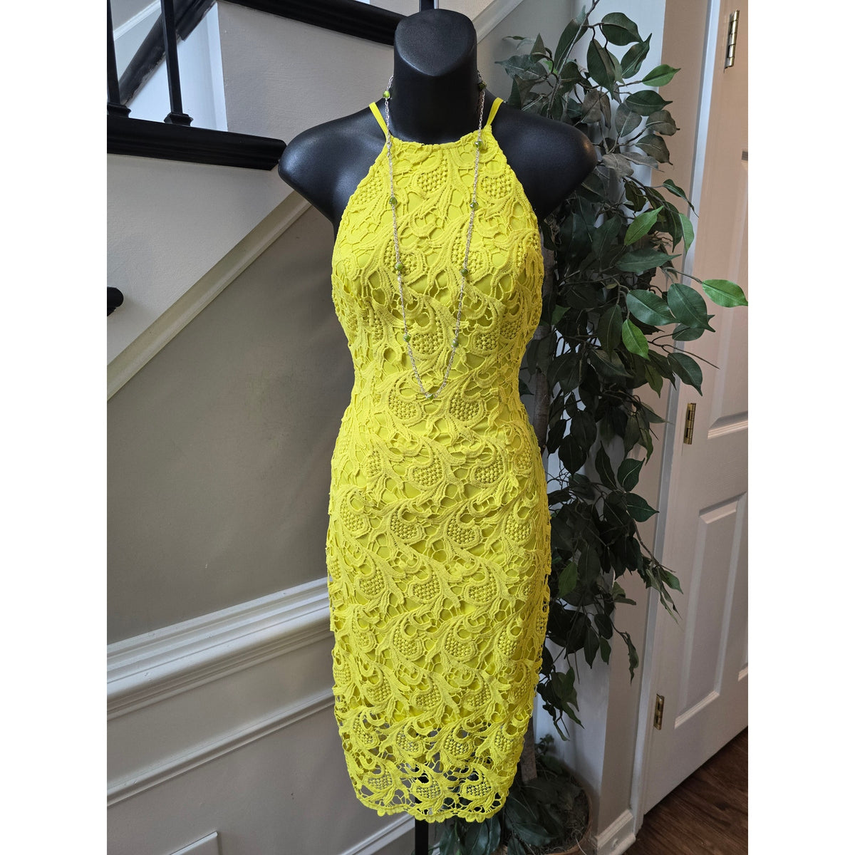 Midi Dress Womens Chest XS Yellow Floral Crochet Lace Back Zipper Halter Neck .