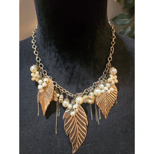 Women's Gold Tone Leaf Pendant Pearl Bead Chain Statement Necklace Lobster Clasp