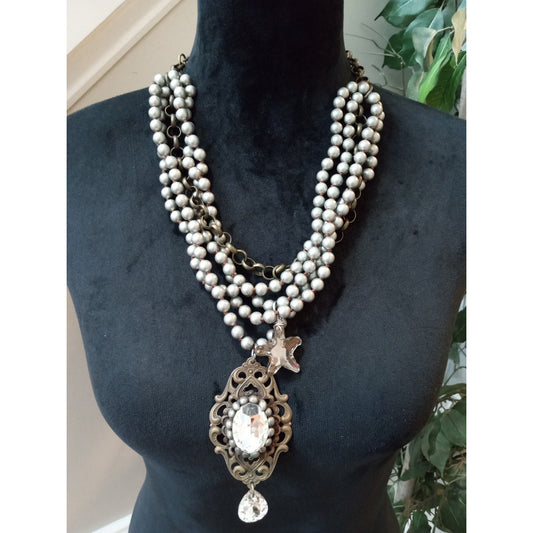 Vintage Multi Strand Silver Tone Beaded Necklace Ornate Pendant Statement Bib