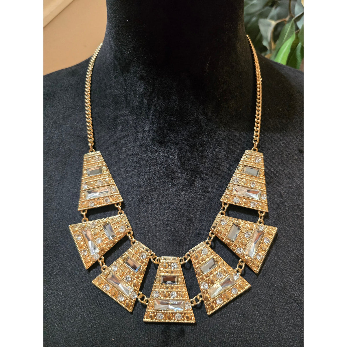 Women's Gold Tone Geometric Statement Necklace Clear Rhinestone Bib Necklace