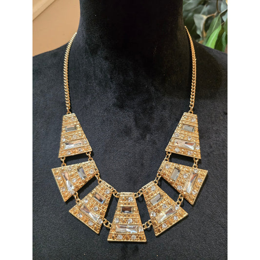 Women's Gold Tone Geometric Statement Necklace Clear Rhinestone Bib Necklace