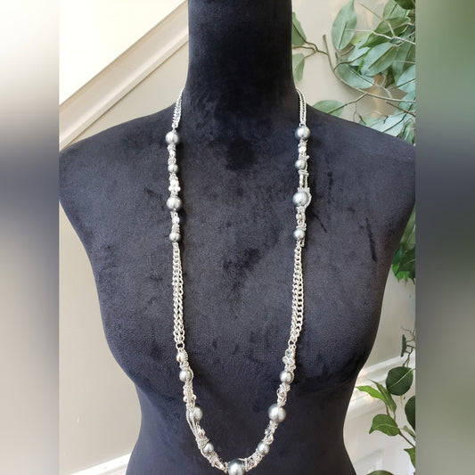 Womens Silver Tone Pearl Crystal Linked Beaded Necklace with Lobster Clasp