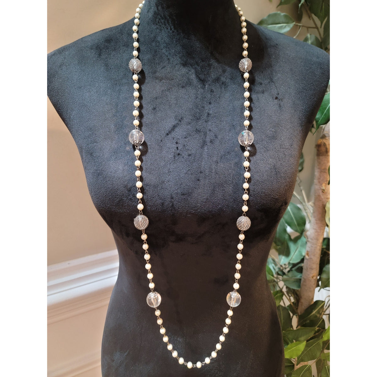 Women's Long Pearl Beaded Necklace With Silver And Clear Beads Lobster Clasp