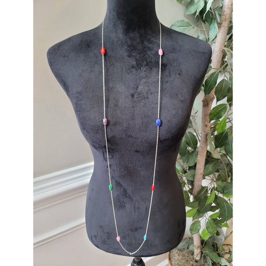 Women's Long Beaded Necklace with Spring Ring Clasp Colorful Stone Chain