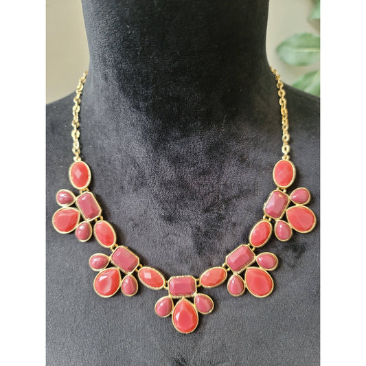 Women's Statement Necklace Gold Chain Coral Pink Stones Lobster Claw Clasp