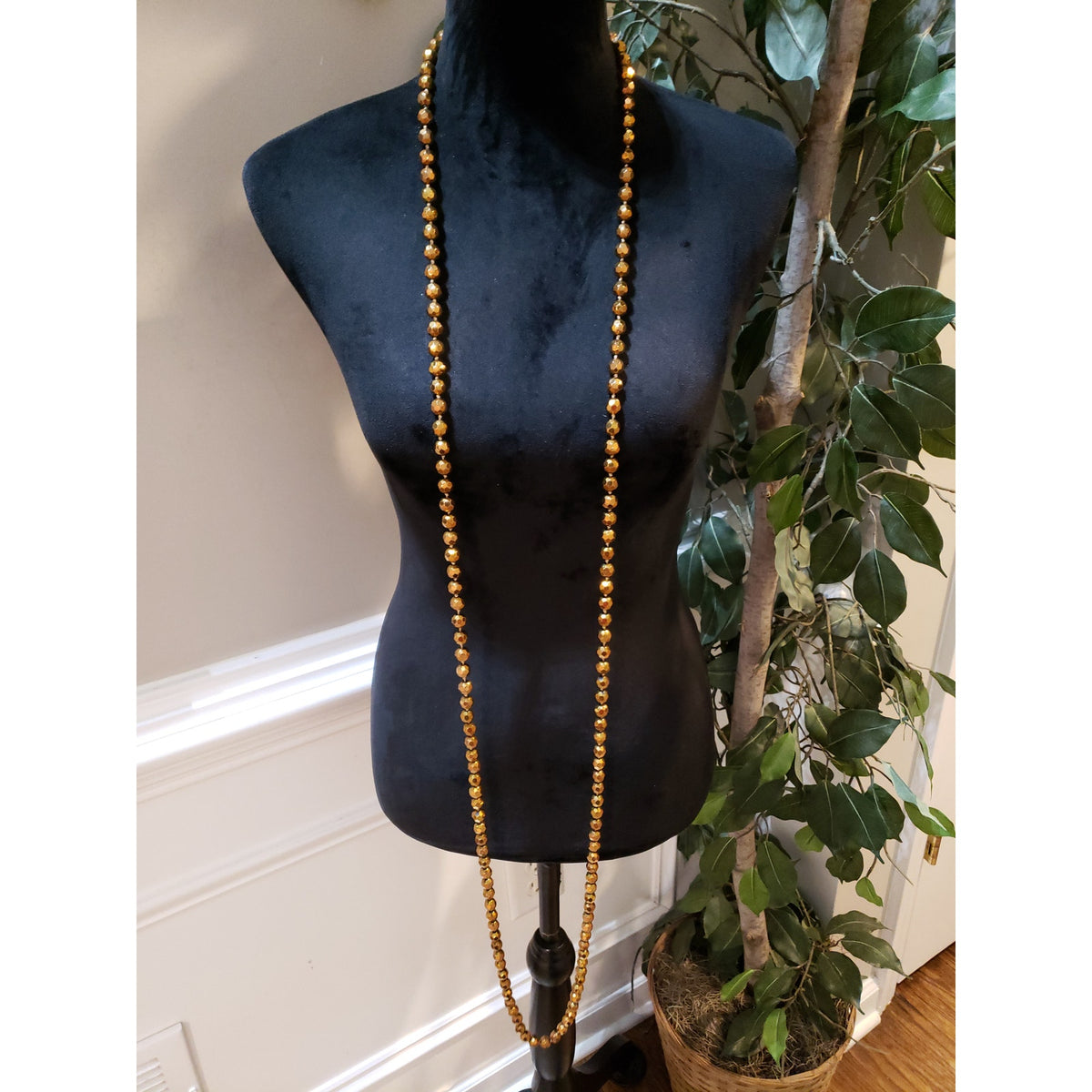 Womens Fashion Hand-Knotted Golden Faceted Glass Beaded Long Necklace Jewelry