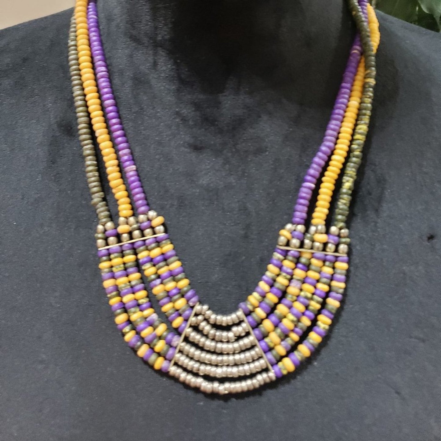 Womens Fashion Multi Rondelle Wood Bead Tibetan Bib Necklace with Pearl Clasp