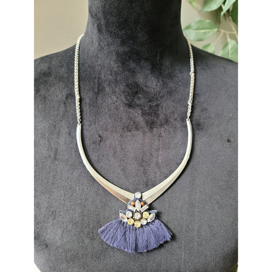 Women's Silver Necklace with Blue Tassel Pendant Statement Fashion Jewelry