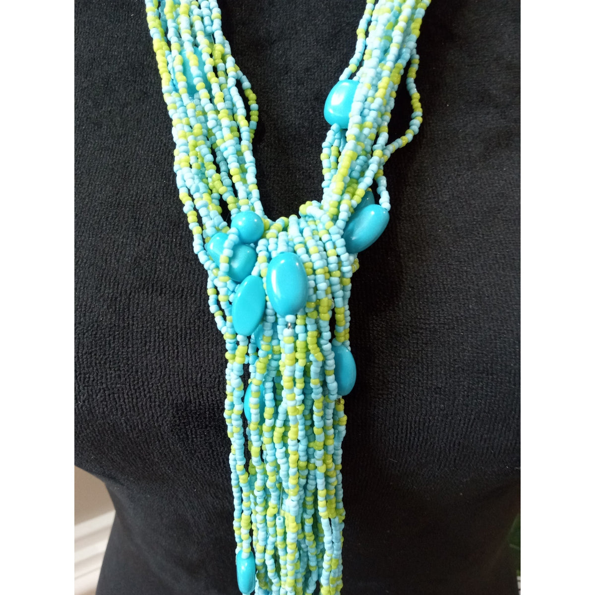 Long Turquoise Seed Bead Multi Strand Lariat Necklace Boho Statement Jewelry