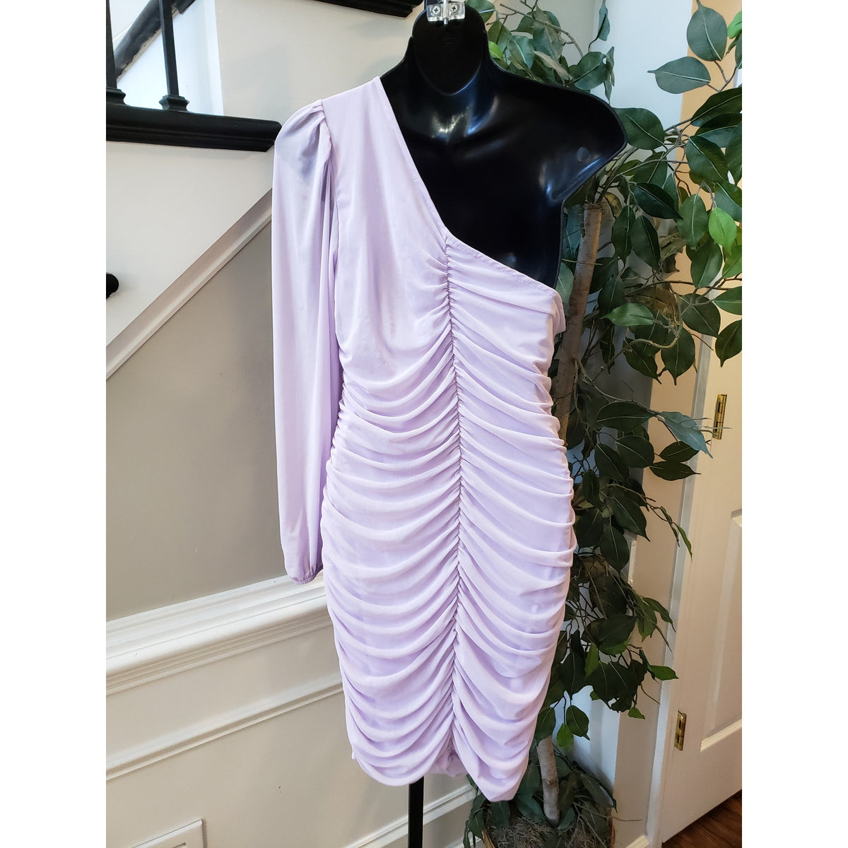 SHEIN Bodycon Dress Womens 12 Lavender Lantern Sleeve One Shoulder Ruched