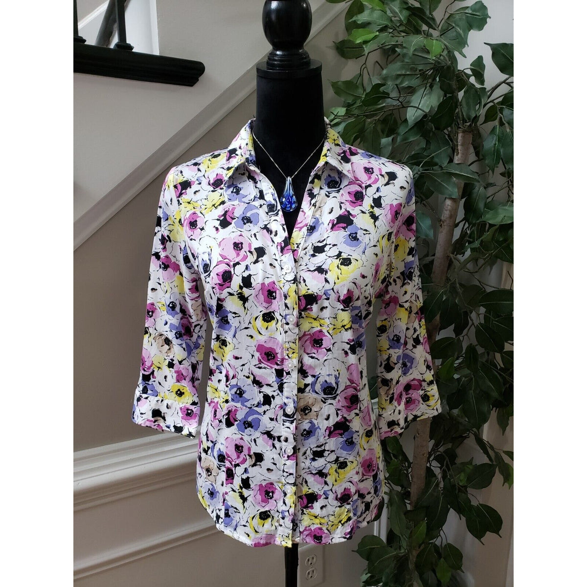 Dana Buchman Women's Multicolor Floral Collared Long Sleeve Button Down Shirt M