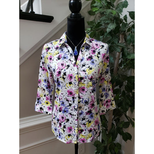 Dana Buchman Women's Multicolor Floral Collared Long Sleeve Button Down Shirt M
