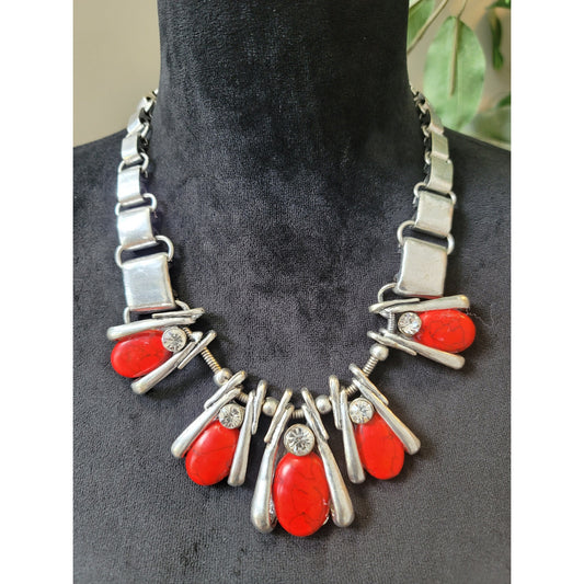 Heavy Statement Necklace And Earrings Set With Red Stones Lobster Clasp Jewelry