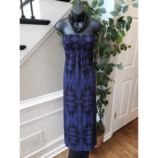 Gap Smocked Long Maxi Dress Women's Small Black Blue Geo Print Off The Shoulder