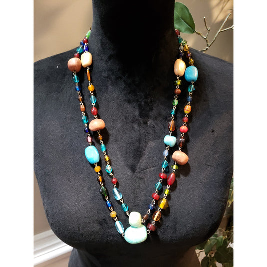 Women's Multicolor Stone Beaded Long Necklace Boho Layered Lobster Clasp
