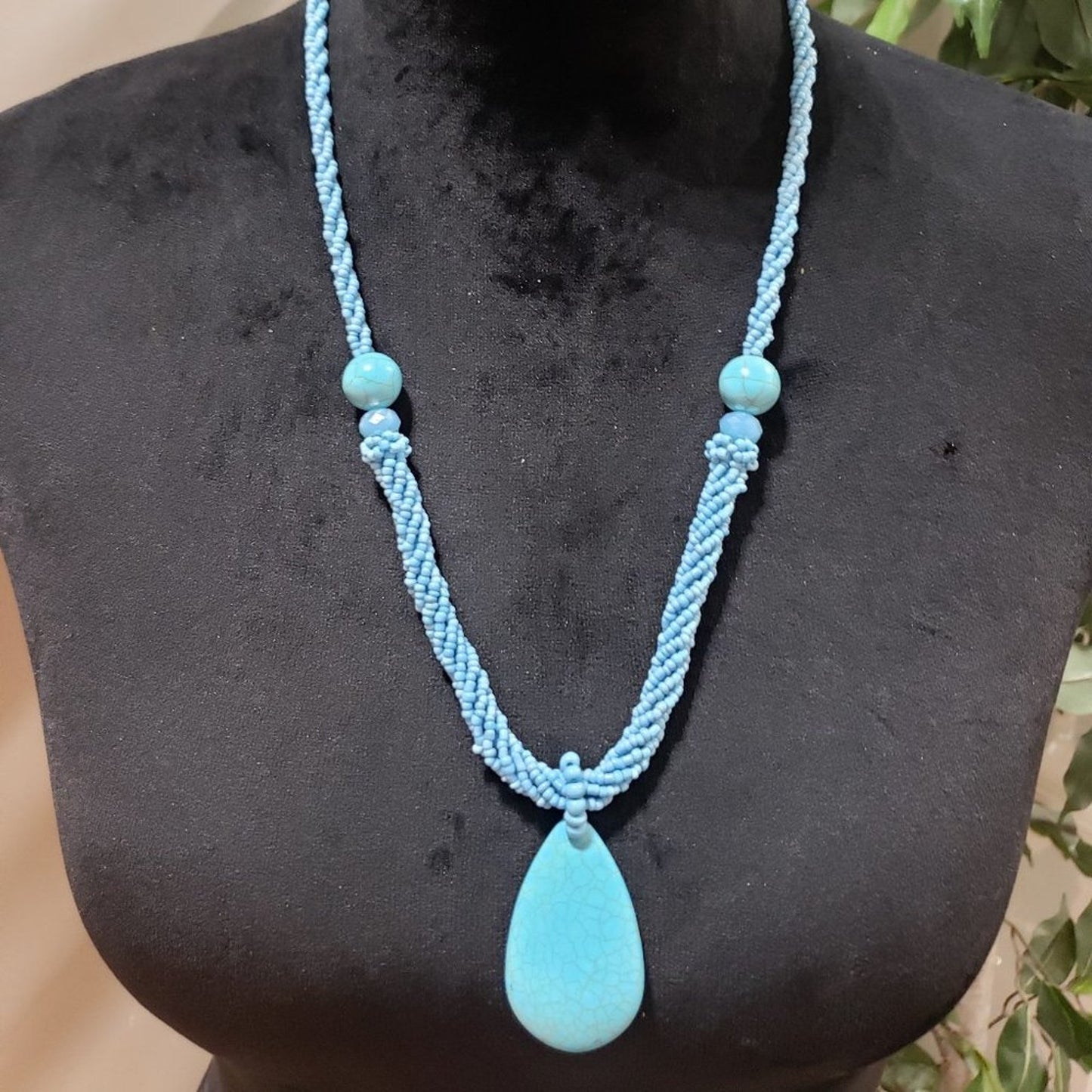 Womens Fashion Layered Beaded Turquoise Stone Big Pearl Shape Pendant Necklace