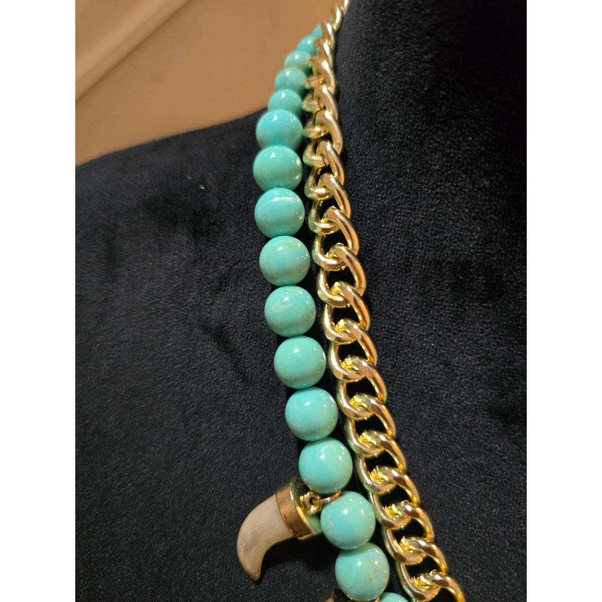 Women's Turquoise Bead Necklace Gold Chain Tusk Pendant Statement Chunky Bib