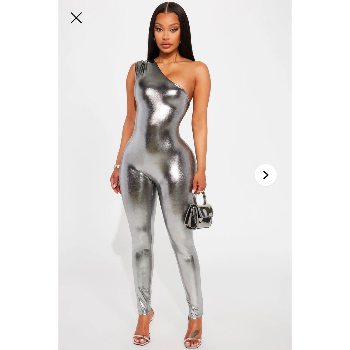 Fashion Nova One Shoulder Jumpsuit Women Large Metallic Silver Club Party Outfit