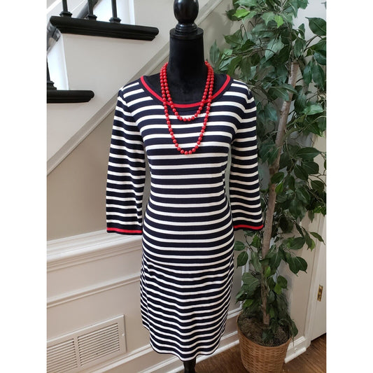 Talbots Women Black White 100% Cotton Round Neck Long Sleeve Knee Length Dress M